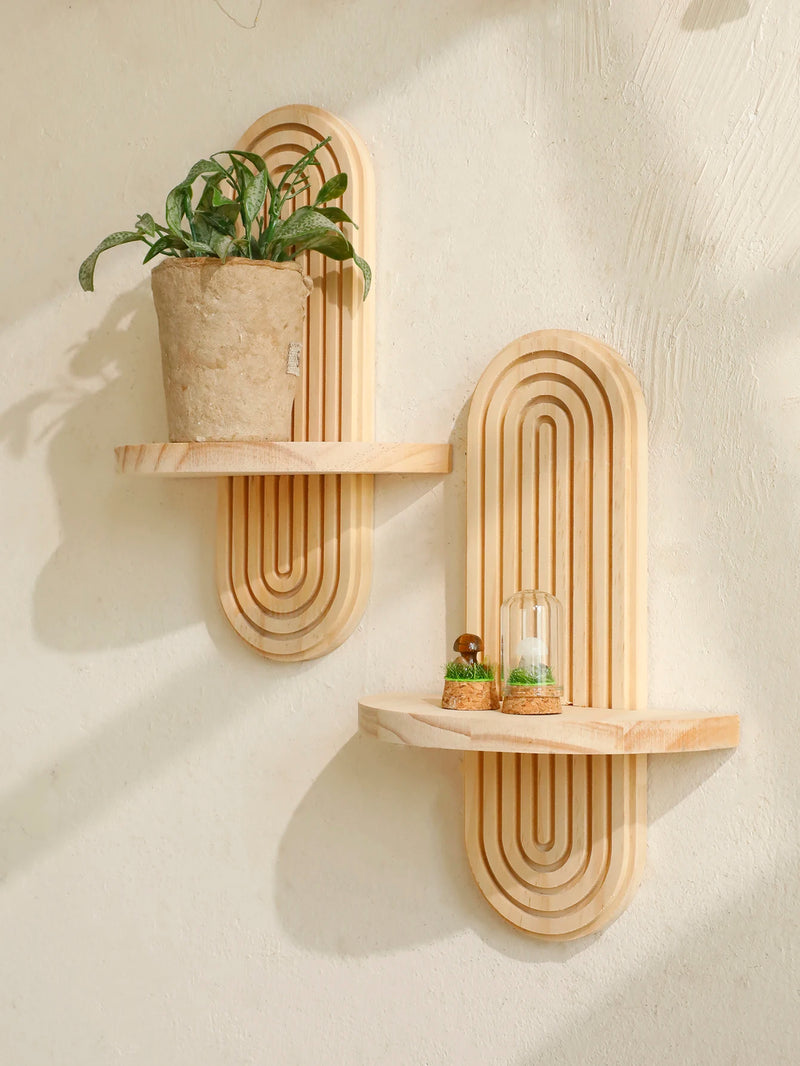 Boho style wooden wall shelves