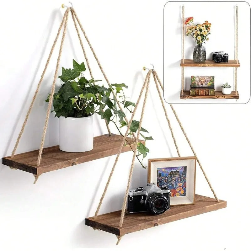 Wooden swing hanging hemp rope wall shelf


