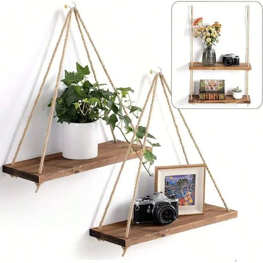 Wooden swing hanging hemp rope wall shelf


