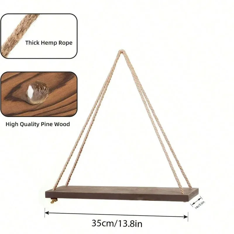 Wooden swing hanging hemp rope wall shelf