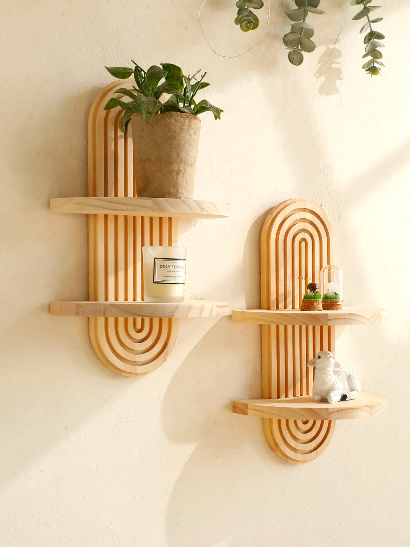 Boho style wooden wall shelves