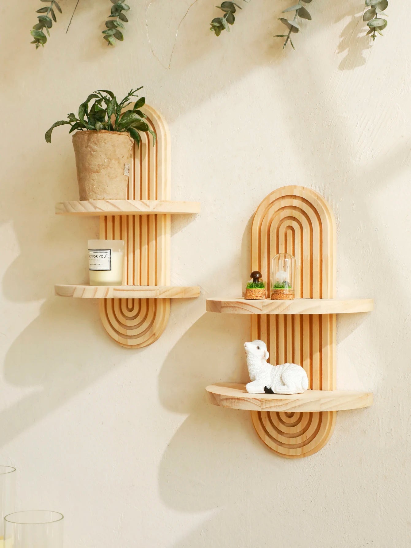 Boho style wooden wall shelves