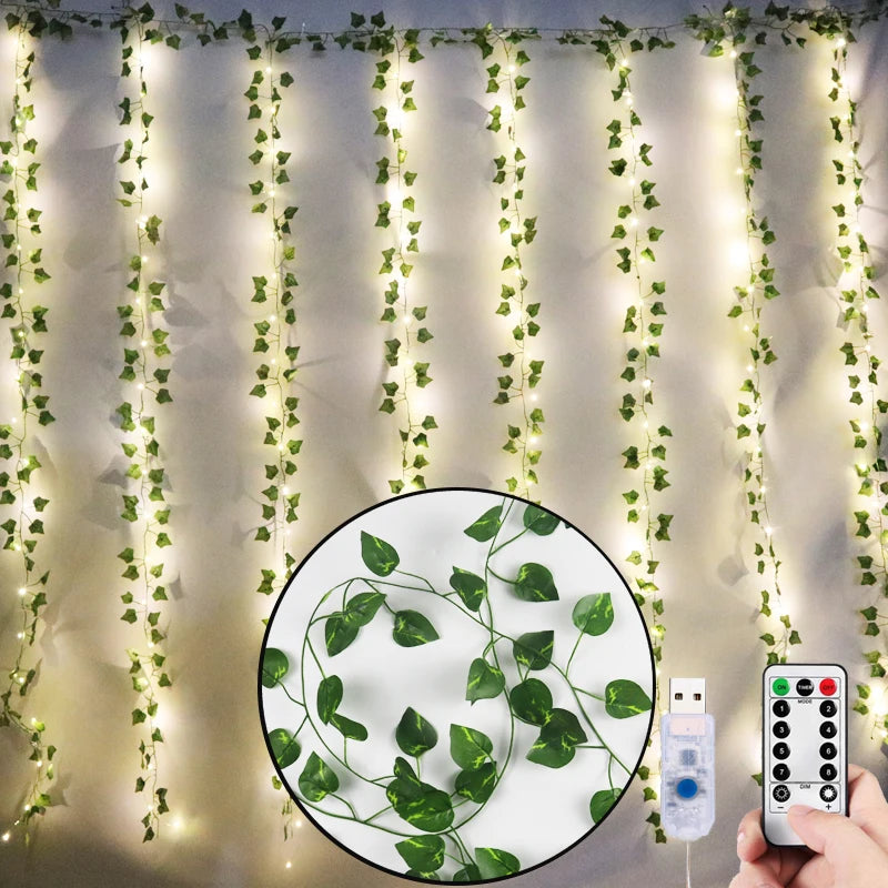 12 green fake leaves garland plant with LED
