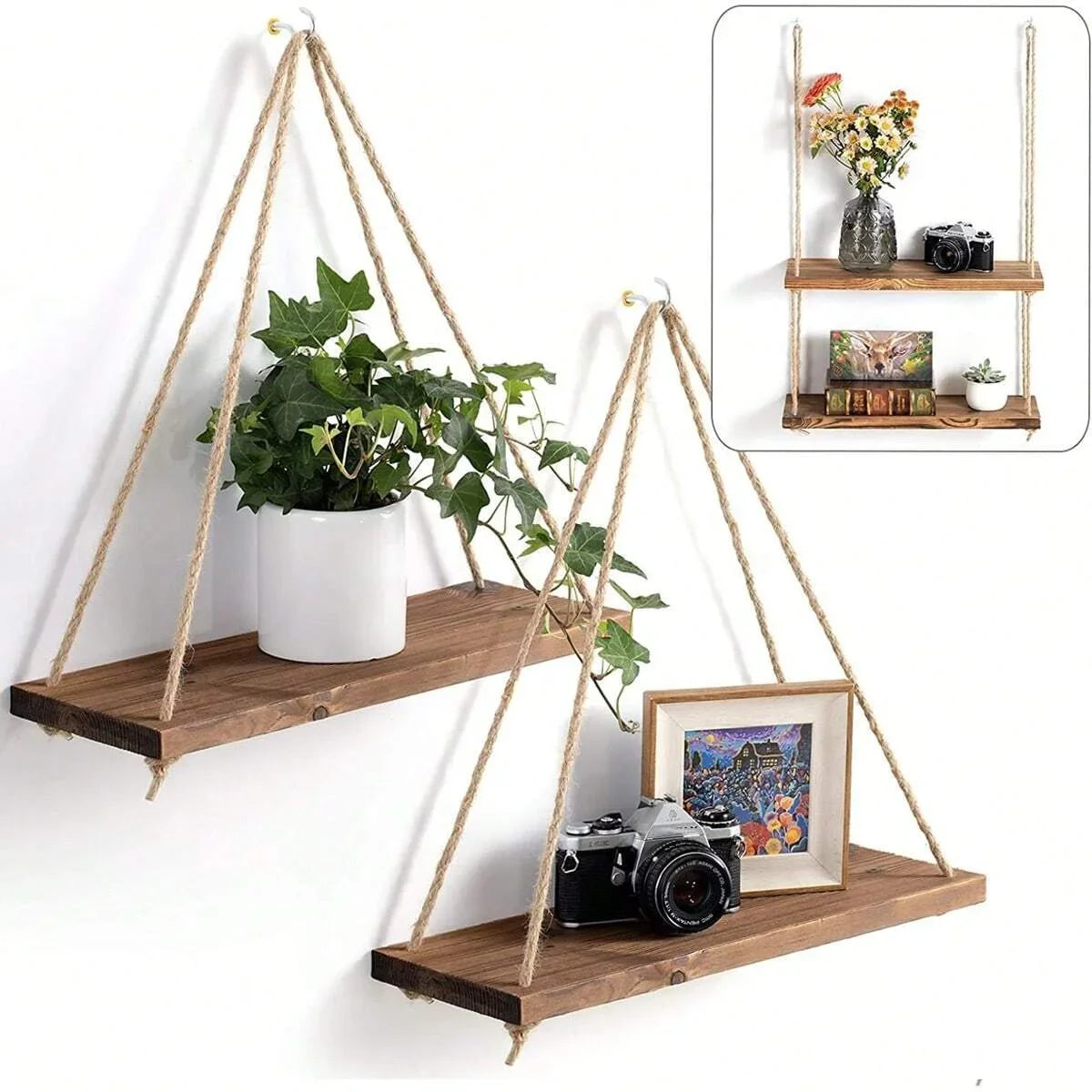 Wooden swing hanging hemp rope wall shelf