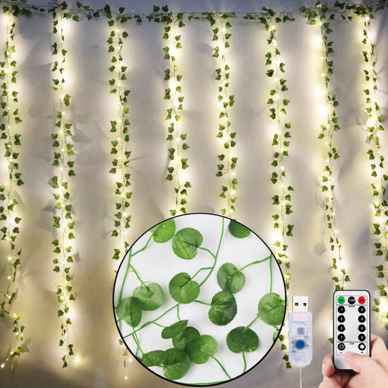 12 green fake leaves garland plant with LED