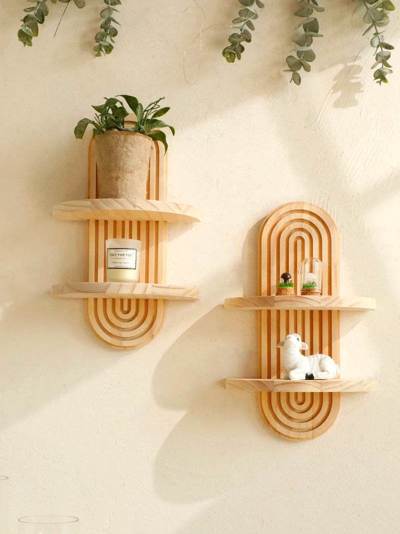 Boho style wooden wall shelves