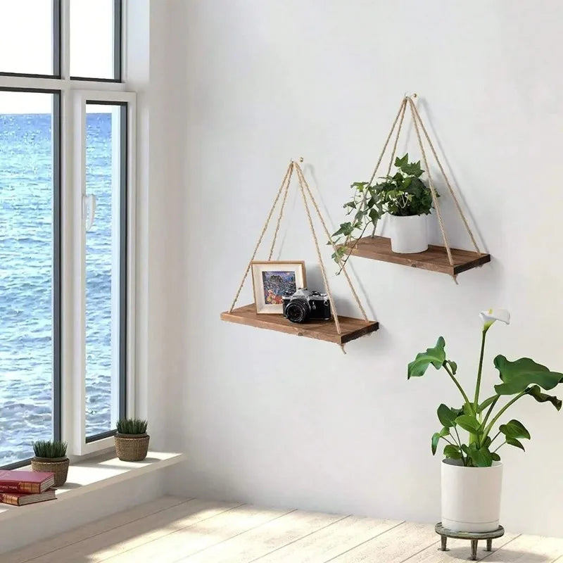 Wooden swing hanging hemp rope wall shelf


