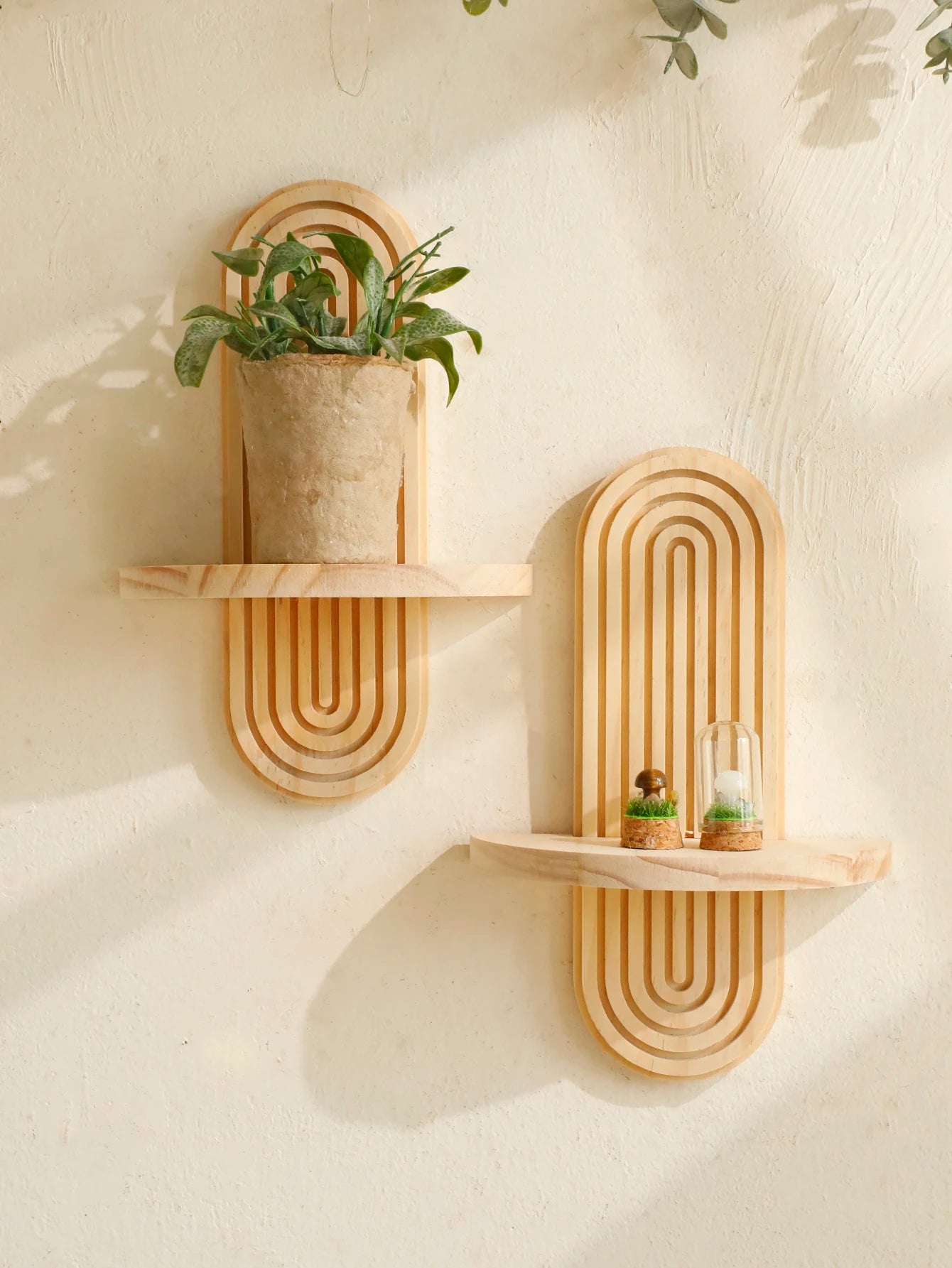 Boho style wooden wall shelves
