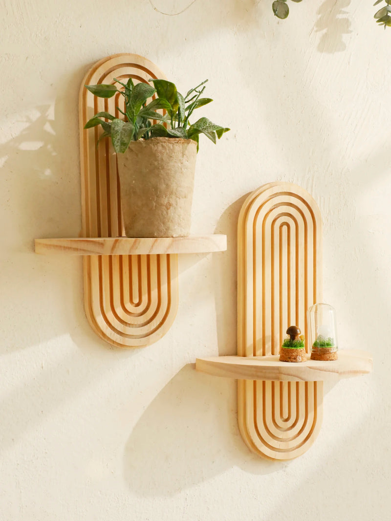 Boho style wooden wall shelves