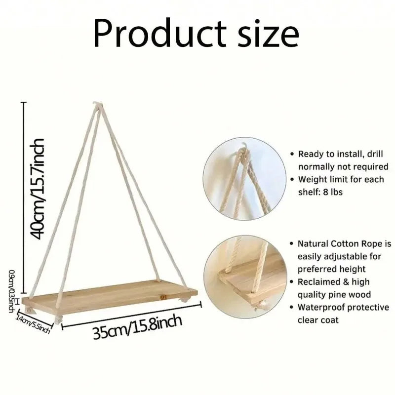 Wooden swing hanging hemp rope wall shelf