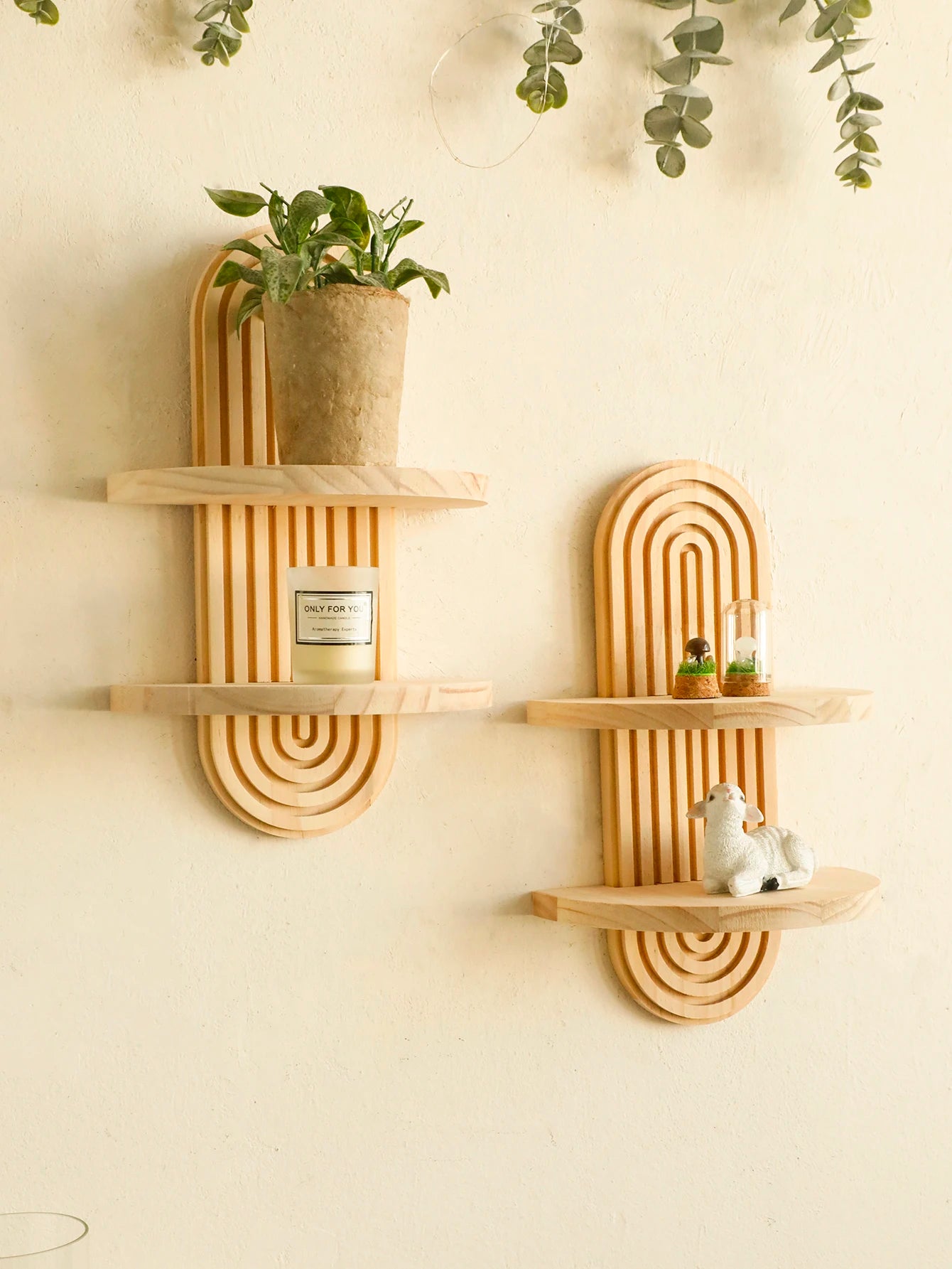Boho style wooden wall shelves