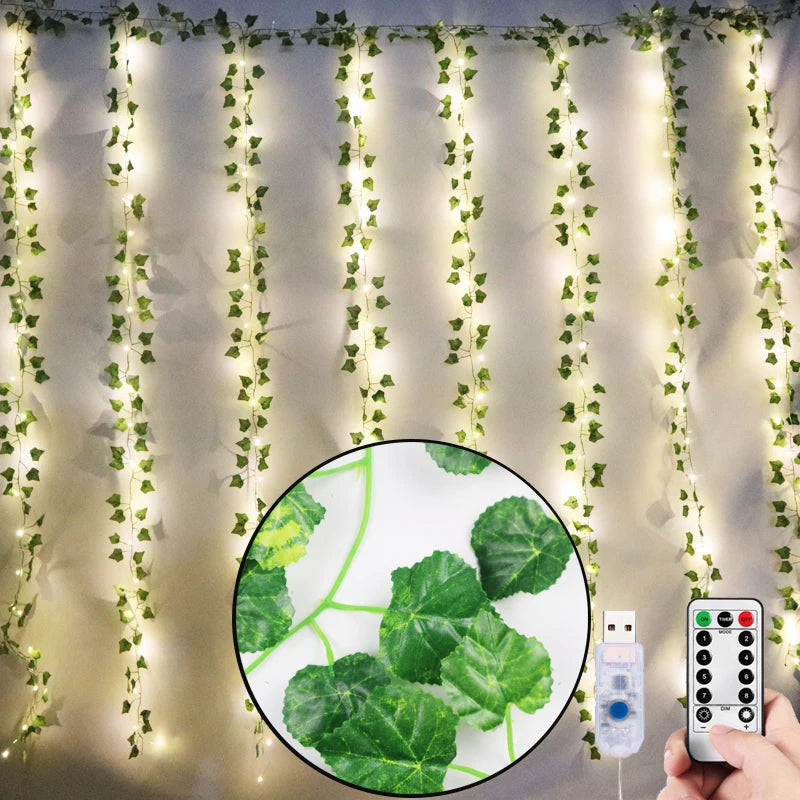 12 green fake leaves garland plant with LED