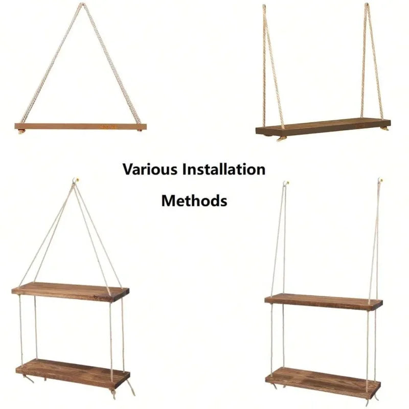 Wooden swing hanging hemp rope wall shelf