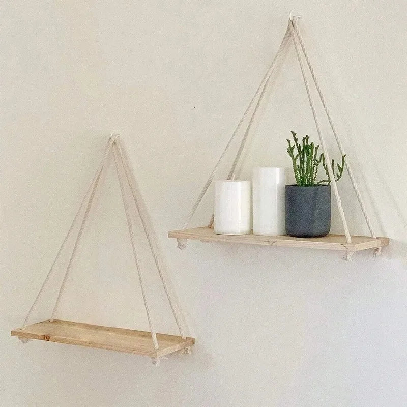 Wooden swing hanging hemp rope wall shelf


