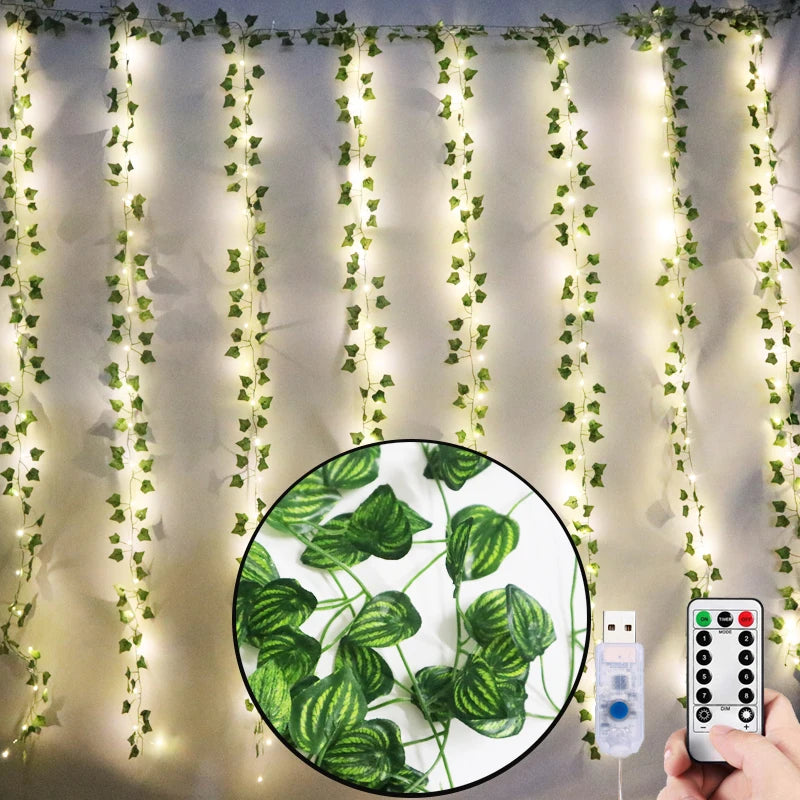 12 green fake leaves garland plant with LED