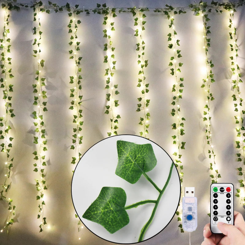 12 green fake leaves garland plant with LED